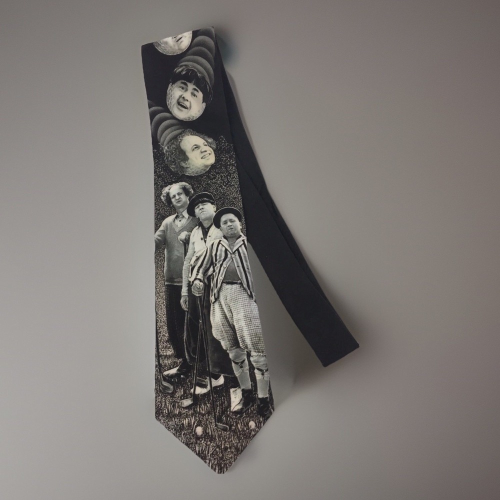 Ralph Marlin Mens Three Stooges Golfing Necktie Black White Larry Moe Curly 1995